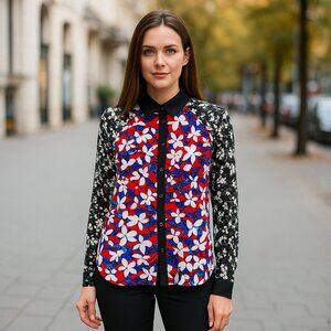 Peter Pilotto Shirt Womens MEDIUM Red Blue White Floral Mesh Sleeve Button up